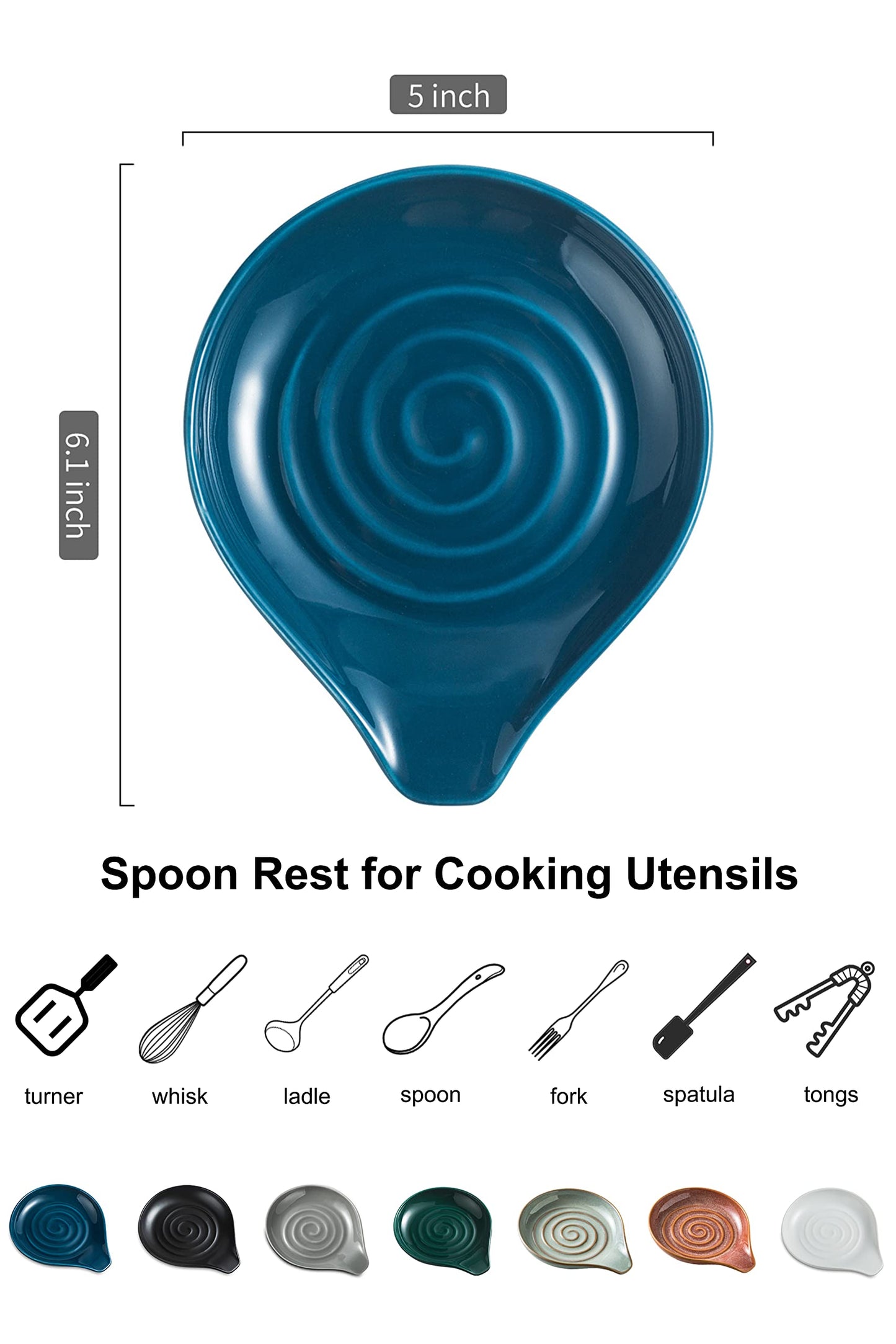 LAUCHUH Spoon Rest, Ceramic Spoon Holder for Stove Top Ladle Holder for Kitchen Countertop Cooking Utensil Rest for Spatula, Tongs, Heat-Resistant Framhouse Decor for Mother's Day, Blue, 5 Inches