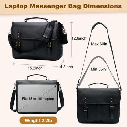 Leather Messenger Bag for Men, 15.6in Laptop Briefcase Vintage Waterproof Laptop Bag Shoulder Bags Satchel Office Bag(Black)