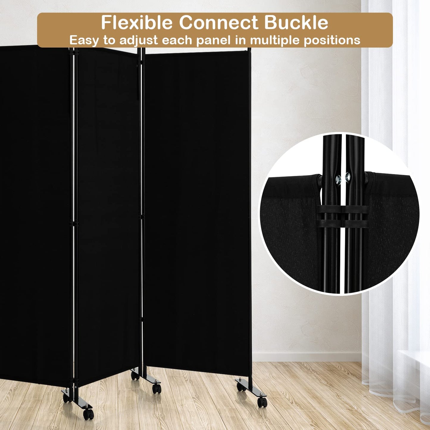 LDAILY 4 Panels Folding Room Divider, 6FT Tall Fabric Privacy Screen w/Metal Frame, Freestanding Partition Wall Divider w/Rolling Wheels for Bedroom, Dining Room, Office, Hospital (Black, 4-Panel)