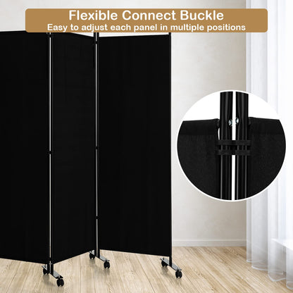 LDAILY 4 Panels Folding Room Divider, 6FT Tall Fabric Privacy Screen w/Metal Frame, Freestanding Partition Wall Divider w/Rolling Wheels for Bedroom, Dining Room, Office, Hospital (Black, 4-Panel)