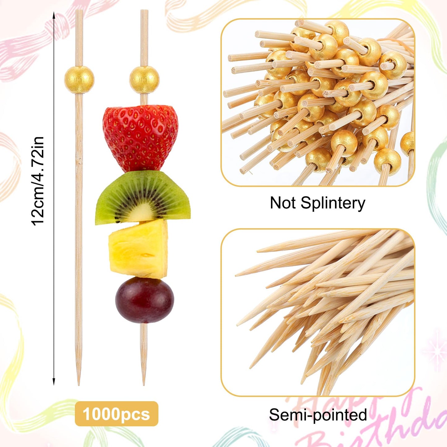 Afcabakila 1000 Pieces Cocktail Picks Fancy Toothpicks for Appetizers, 4.7” Decorative Bamboo Cocktail Sticks Appetizer Skewers for Fruit, Charcuterie, Wedding Food Party, Birthday Decor Matte Gold