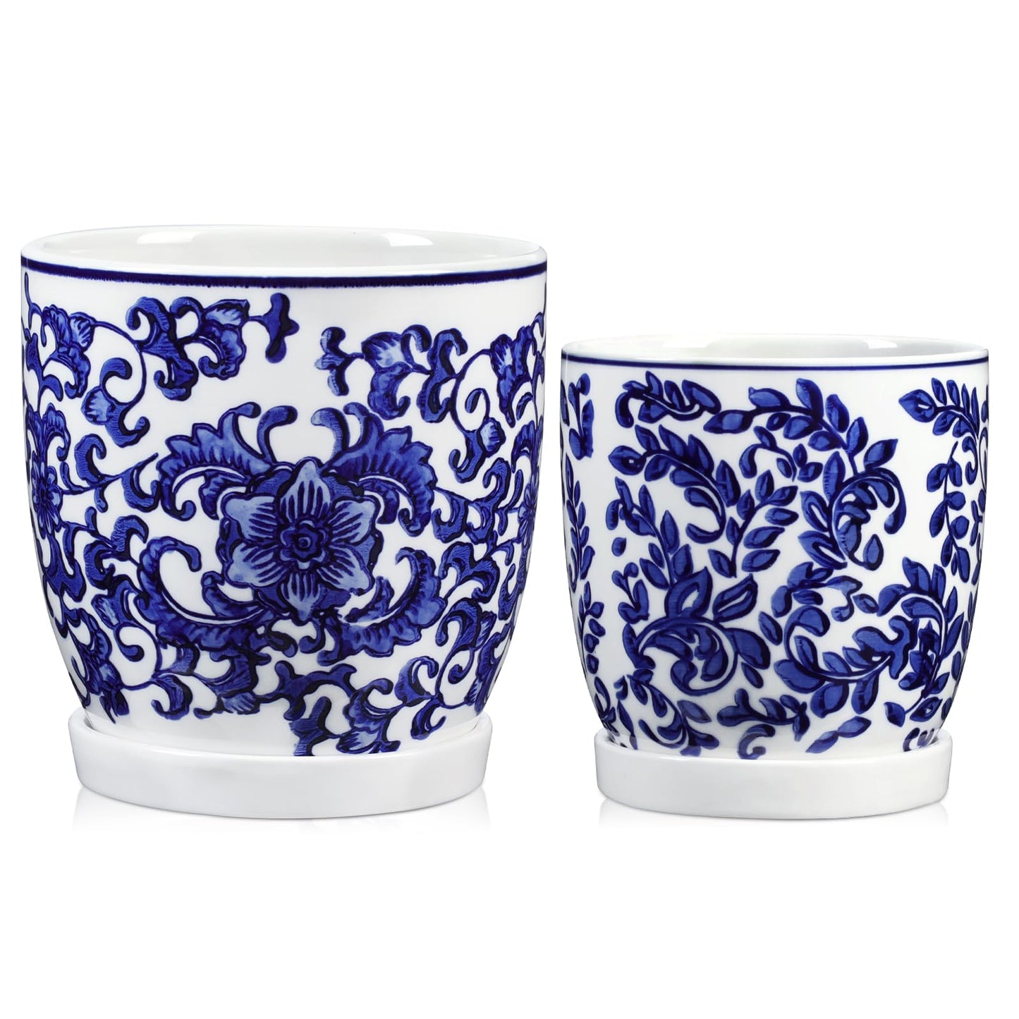 Set of 2 Ceramic Blue and White Plant Pots with Drainage Hole and Saucers, 4.3/5.5 Inches Ceramic Planters Round Flower Pots for Indoor Plants Succulent Cactus Orchid Flower, Indoor Outdoor Decor