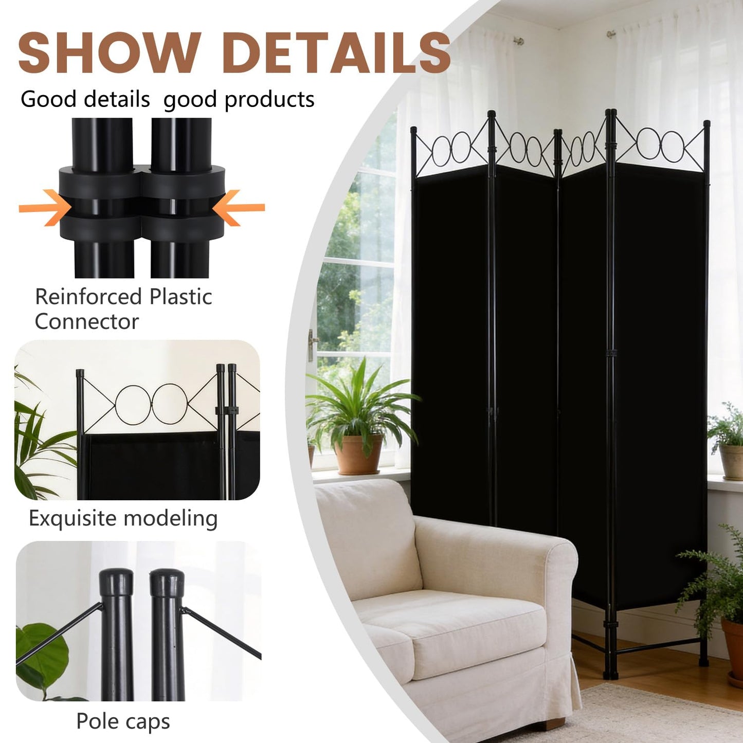 FDW 4 Panel Room Divider, 6FT Folding Privacy Screen Freestanding Partition Wall, Portable Room Separator for Dorm Bedroom Office Studio, Durable Metal Frame & Breathable Fabric, Dark Black