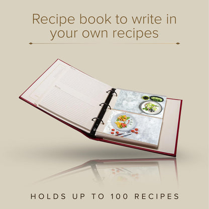 Gallery Leather Recipe book to write in your own recipes - 3 Ring Recipe Binder With Plastic Sleeves, Blank, 25 Pocket Pages and Ivory Cards, Fillable - Freeport Metallic Bronze - 9.25 x 8 "