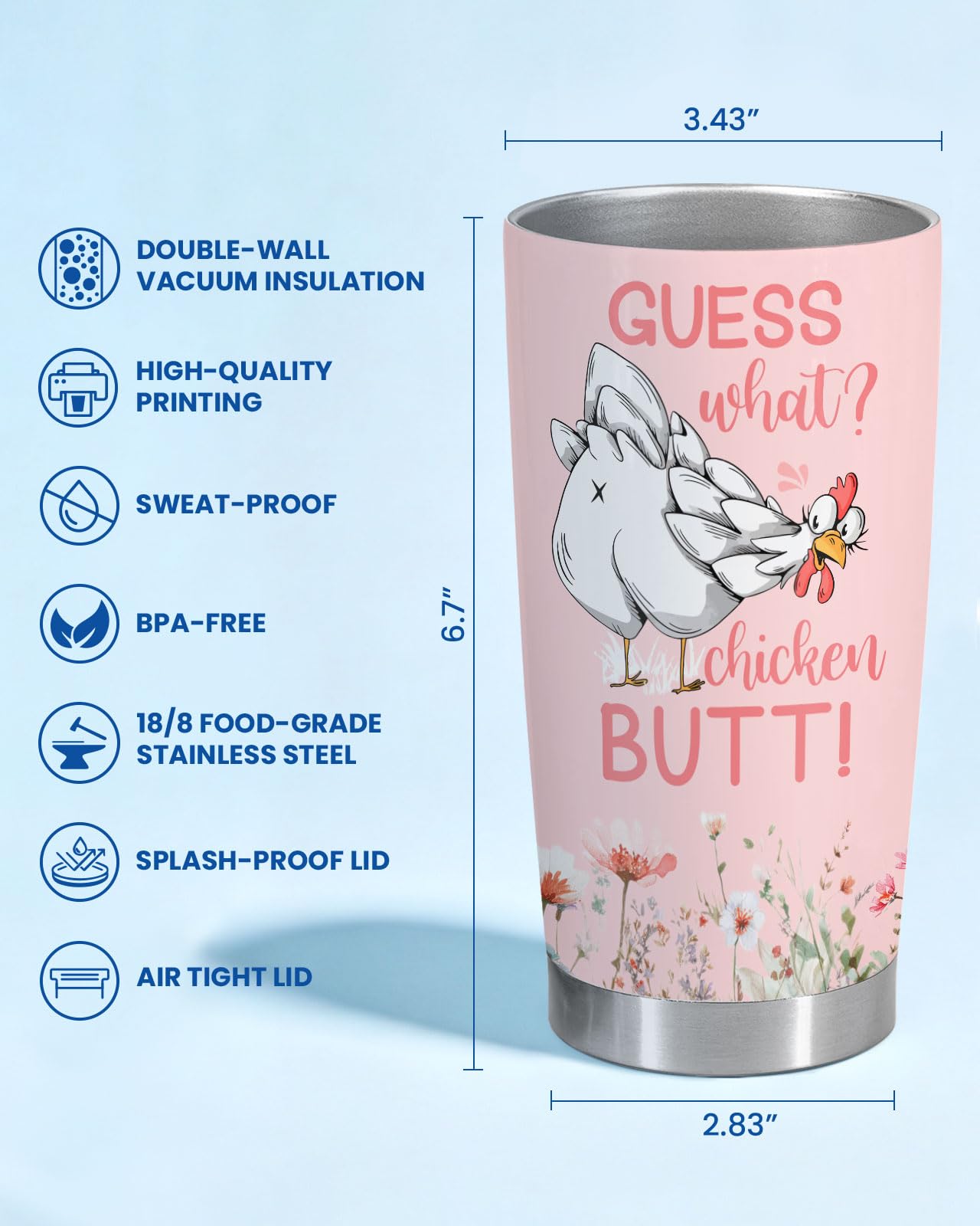 34HD Funny Chicken Tumbler 20oz with Lid, Guess What Butt Insulated Stainless Steel Coffee Travel Mug, Cute Nuggets Farmhouse Hen Gifts for Women, Rooster Lovers
