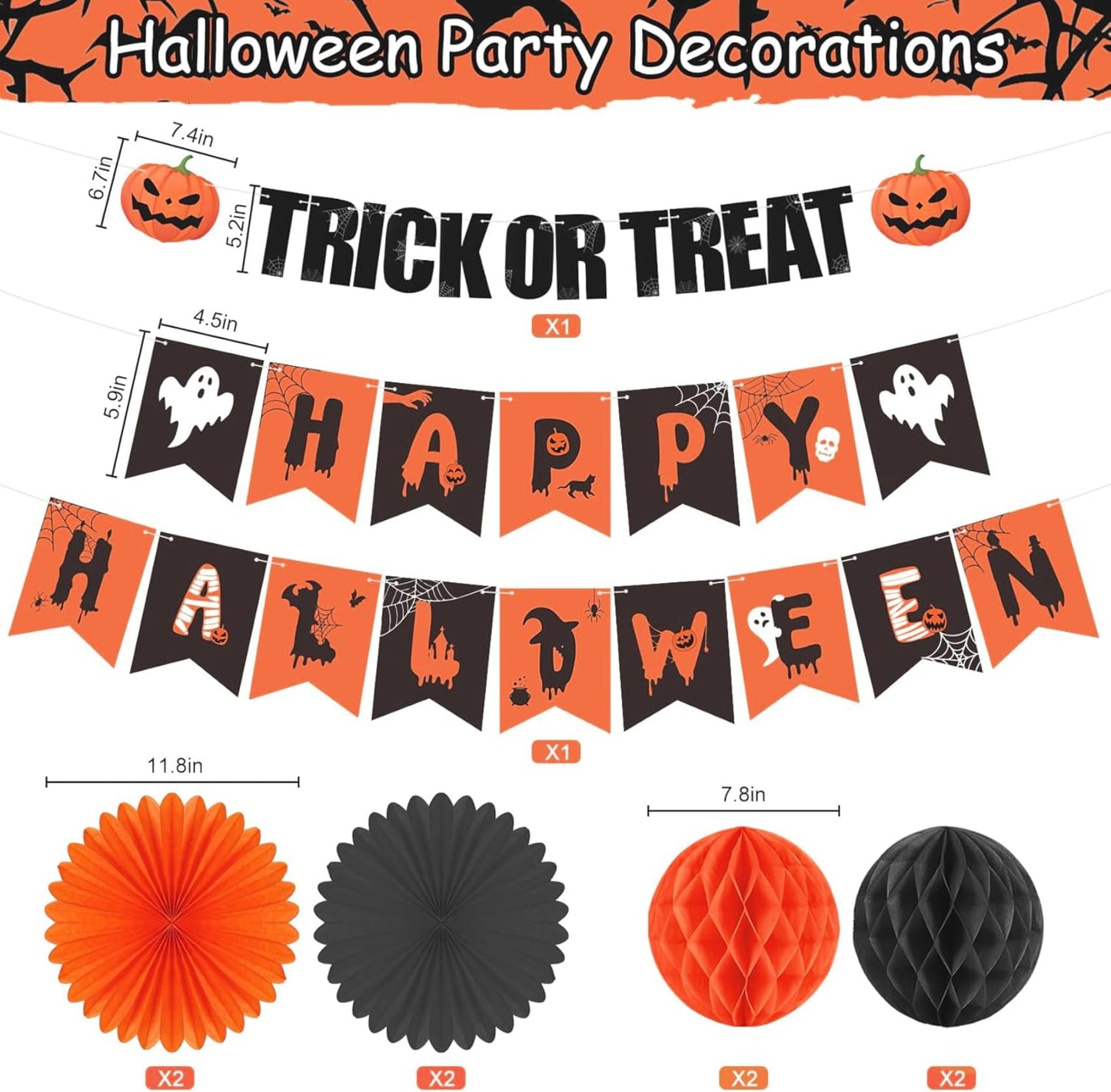 Halloween Party Decorations Indoor, Happy Halloween Banner Sign Decorations Kit with Honeycomb Ball Paper Fans Pumpkin Bat Hanging Swirls Streamers for Home Party Decor