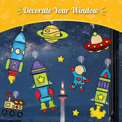 Imagimake Window Art Rocket | Low Mess Suncatcher Kit | 16 Pieces Glass Painting Set | Kids Activities Ages 5-8 | DIY Craft Kit | Birthday Gift for Boys & Girls Ages 5,6,7,8,9,10,12 Years Old