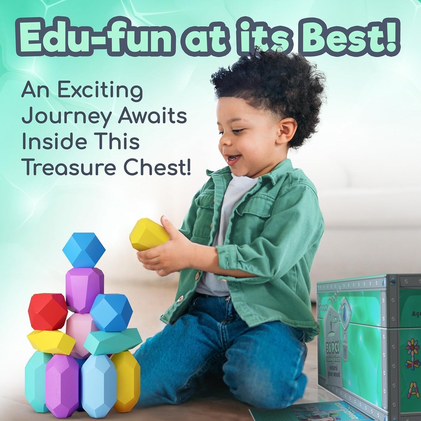 EVERSMART Wooden Stacking Blocks – Montessori Toys for 1 2 3 4 5 6 Year Old Toddlers and Kids, No Choking Hazard – Building Rocks Stones Games, for Girls and Boys