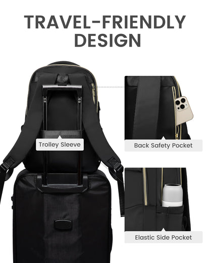 LOVEVOOK Laptop Backpack for Women, Black Business Travel Backpacks with USB Port, Water Resistant Work Teacher Computer Bag, Stylish Daypack, Fits 15.6" Laptop