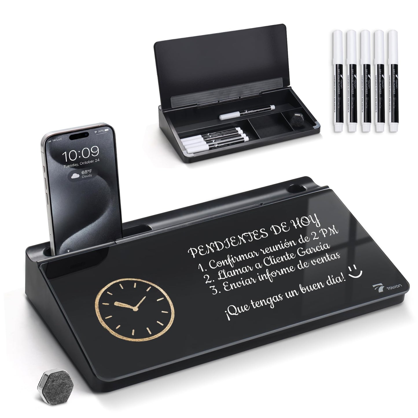 TOWON Small Compact Glass Desktop Whiteboard with Storage – 12 x 7 in Dry Erase Board for Desk, Home Office, School | Includes 5 Markers, Eraser & Holder | Space-Saving Organizer, Aesthetic Black