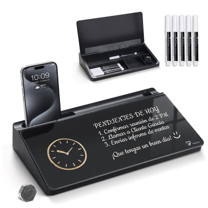 TOWON Small Compact Glass Desktop Whiteboard with Storage – 12 x 7 in Dry Erase Board for Desk, Home Office, School | Includes 5 Markers, Eraser & Holder | Space-Saving Organizer, Aesthetic Black