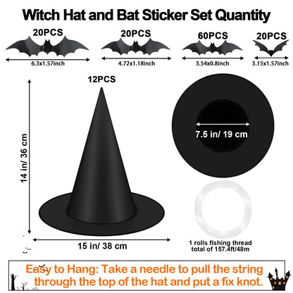 Famoby 12pcs Halloween Black Witch Hat with 157 FT Nylon Cord &120pcs Bat Sticker for Indoor Outdoor Home Yard Porch Ceiling Halloween Party Decorations