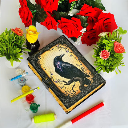 Goth Gifts Raven Crow Leather Journal for Men & Women With Lock, 200 Witchcraft Supplies Books Witchy gifts for women black Grimoire Journal Spell Book Leather Bound Notebook Diary For Halloween 7 X 5