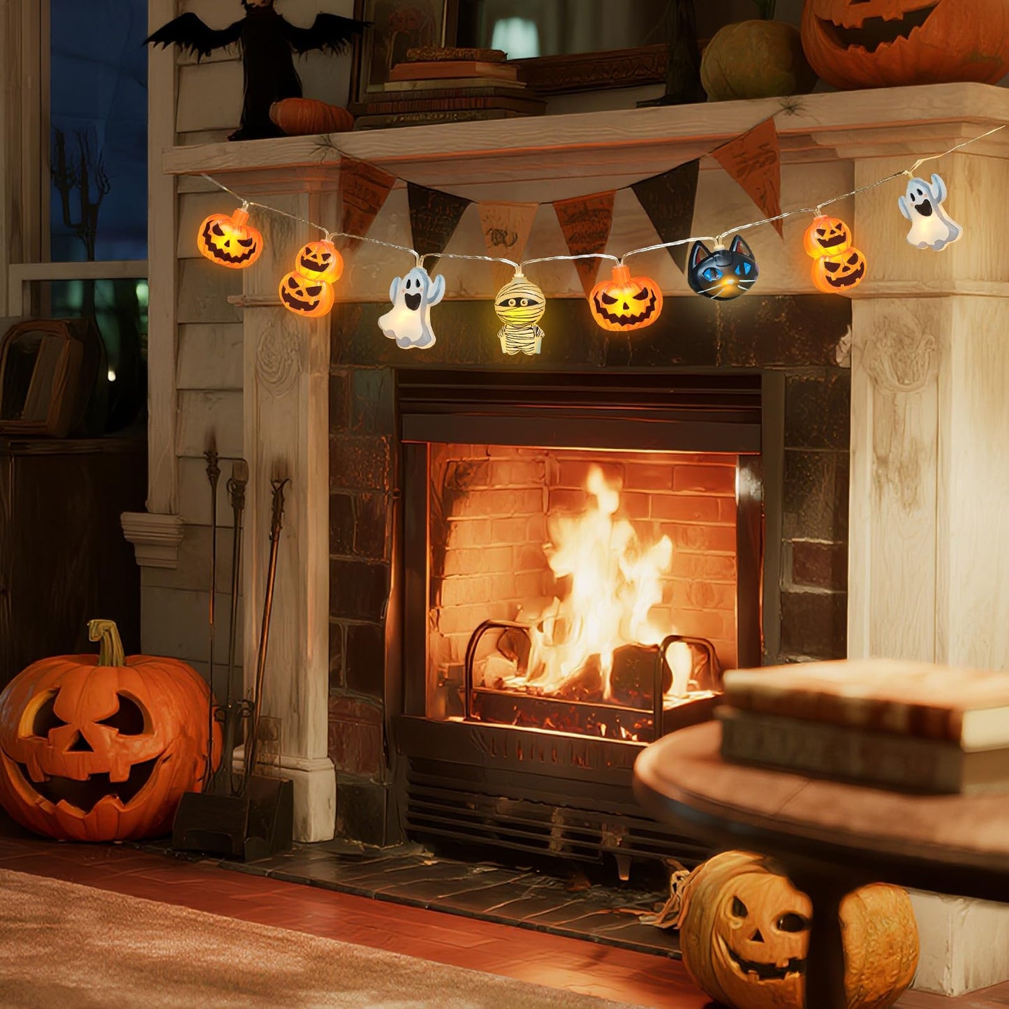 shuangjishan Halloween String Lights Indoor: 9.84 FT 20 LED Battery Operated Pumpkin Ghost Cat Lighted Decorations – 8 Modes Waterproof Timer for Window Porch House Room Bedroom Party Decor