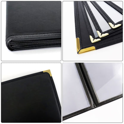 Menu-Covers 8.5 X 11 Restaurant - 2 Pack Menu Sleeve 4 Page 8 View Premium Faux Leather Transparent Black for Bar Cafe Book Folder