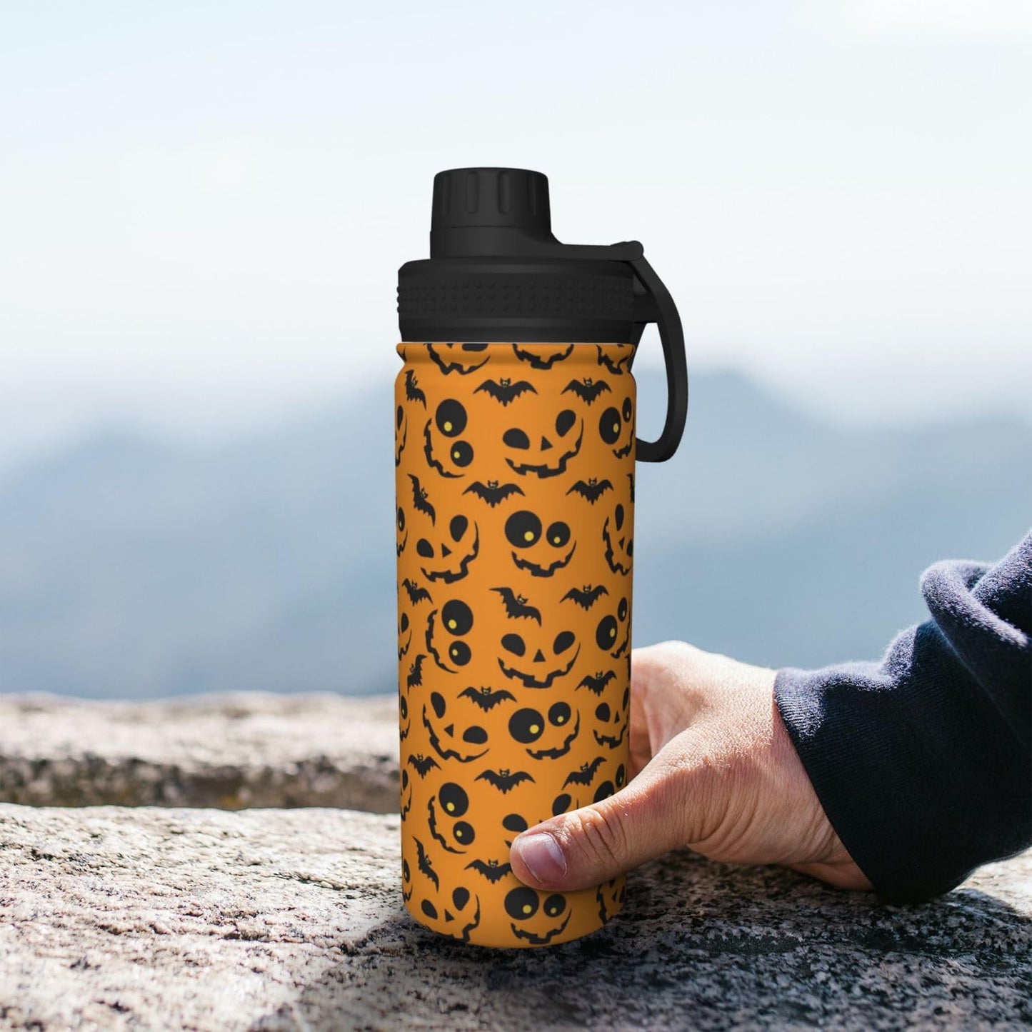 SOUWEWU 18oz Halloween Pattern Sports Water Kettle with Handle, Double Wall Vacuum Insulated Hot and Cold Scary Bat Tumbler, Halloween Print Water Bottle for Gym Outdoor