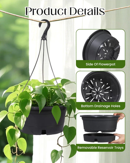 VIDELLY 12 Inch Large Hanging Planters for Indoor Plants,2 Pack Plastic Hanging Basket Pots with Drainage Trays & Chain Holders for Outdoor Indoor Plants Garden Balcony Decoration (Dark Gray)