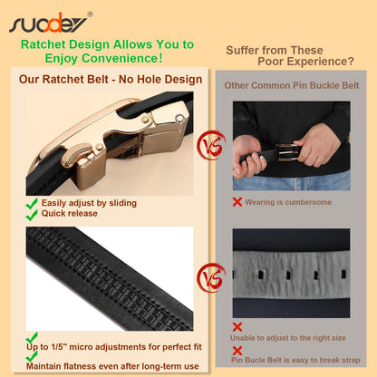 SUOSDEY Women Leather Ratchet Belt for Jeans Pants with Gold Automatic Sliding Buckle,Ladies Dress Belt,Width 1.2"