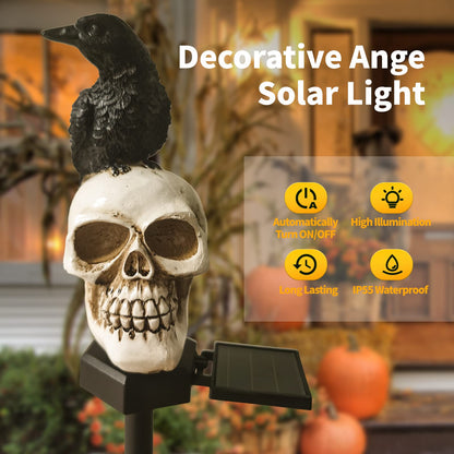 QH & Garden Halloween Outdoor Decoration Solar Lights, Waterproof Ghost Lights, Skull Solar Garden Statue with Black Crow on Skull, Skeleton Stakes with LED, Stunning Halloween Decorations