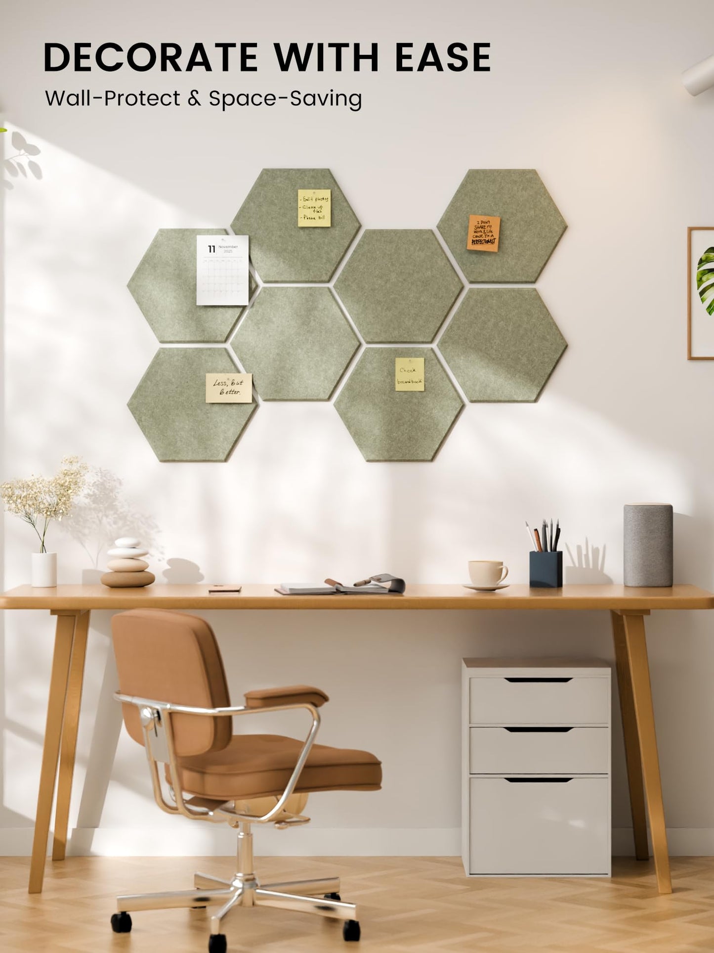Fluxynara Hexagon Cork Board Alternative for Walls Decor-8-Pack Felt Bulletin Board Tiles,with 30 Pushpins,50 Adhesive Tabs for Office,Classrooms & Home Pin Board Felt Board-Sage
