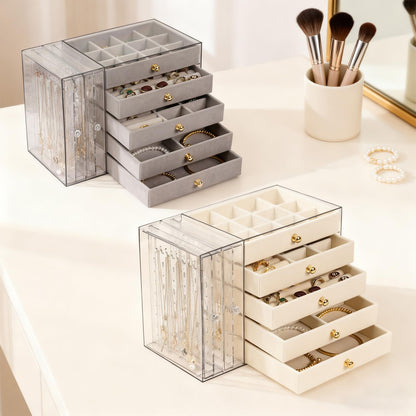 Greenfeather Jewelry Organizer and Storage with 7 Removable Drawers, Clear Acrylic Jewelry Box with 16 Necklace Hooks 48 Pairs of Earring Holes 5 Velvet-Lined Drawers for Rings Bracelets Necklaces