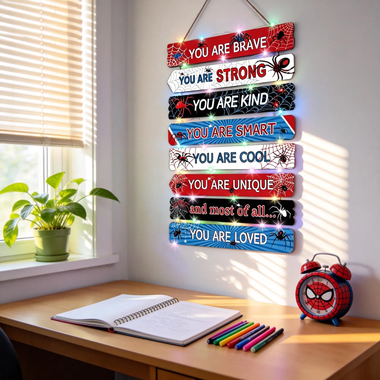 Spider Room Decor Set of 8 with LED Lights, Boys Bedroom Decor Inspirational Positive Quotes Wall Art, Motivational Wooden Hanging Signs Wall Decorations for Nursery Teens Toddler Room