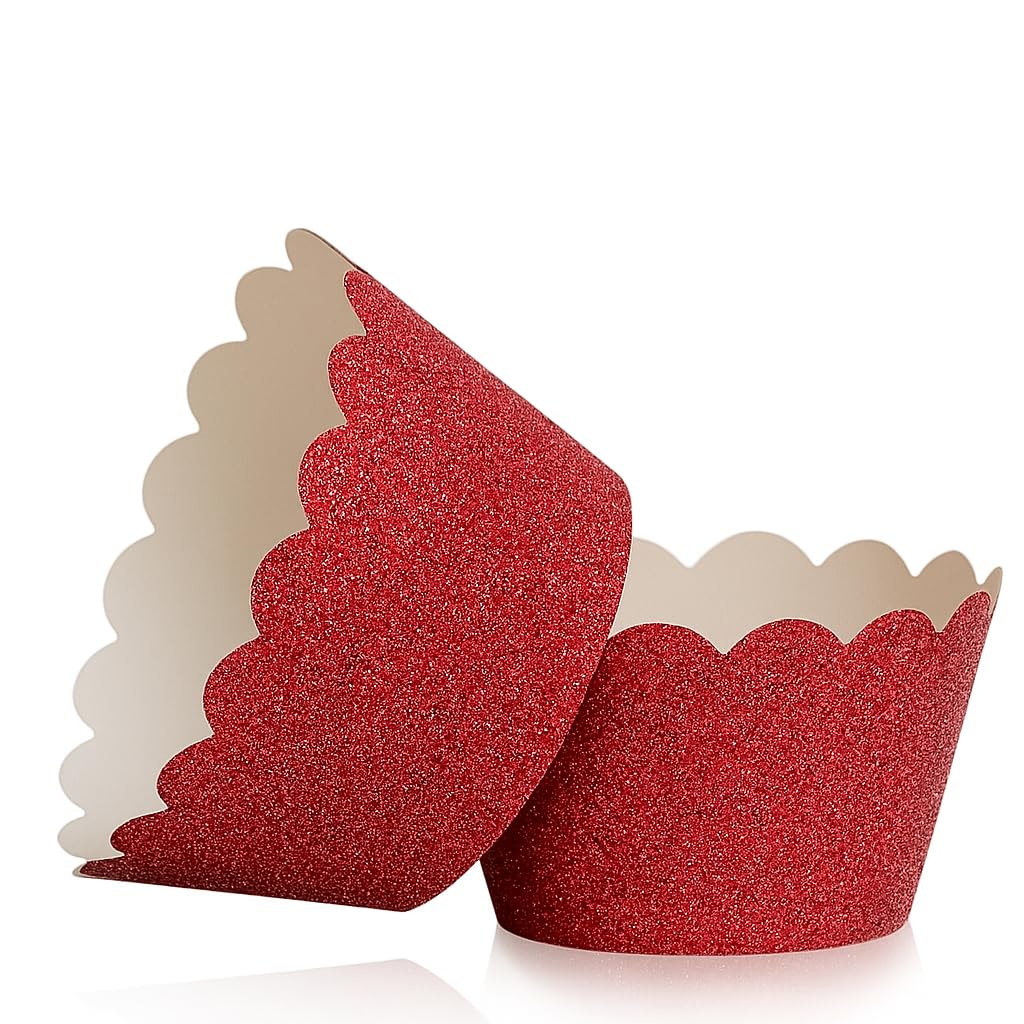 Koyal Wholesale Red Cupcake Wrappers Glitter Cupcake Liners for Christmas, Graduations, & Parties, Decorative Glitter Red Baking Cups and Cupcake Holders for Dessert Tables & Holiday Events, Set of 50
