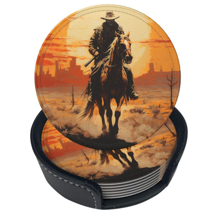 Famame 6 Pcs West Desert Cowboy Sunset Leather Coasters for Drinks with Holder Coaster Sets Drink Table Cup Coasters for Living Room Kitchen Coffee Decor