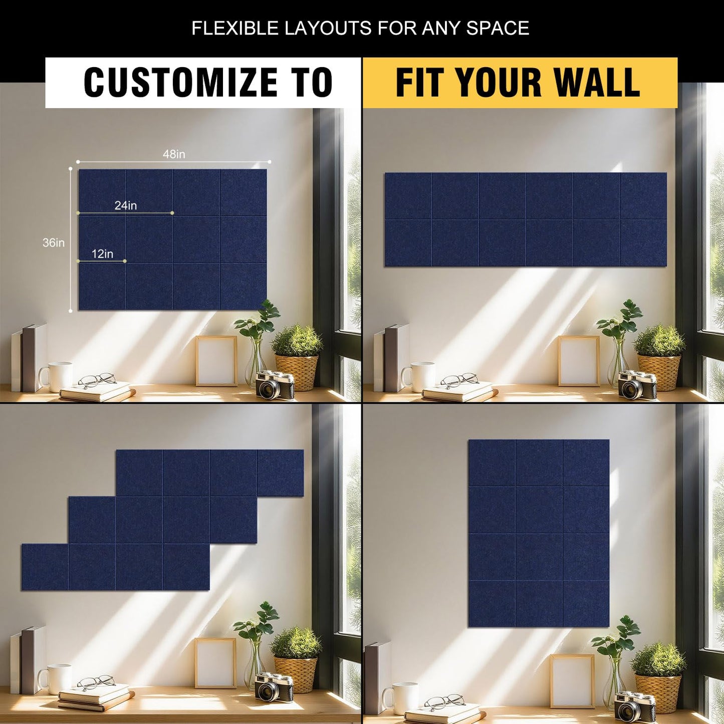 TSJOFFICE Large Cork Board for Wall - 48" x 36" Bulletin Board with 50 Pushpins for Office Decor, Pin Board 12 Pack Felt Wall Tiles with Safe Removable Adhesive Tabs, Corkboard for Home - Navy Blue