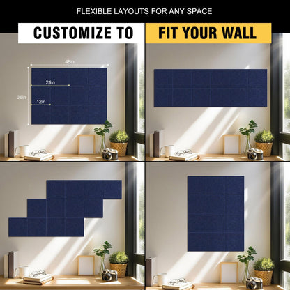 TSJOFFICE Large Cork Board for Wall - 48" x 36" Bulletin Board with 50 Pushpins for Office Decor, Pin Board 12 Pack Felt Wall Tiles with Safe Removable Adhesive Tabs, Corkboard for Home - Navy Blue