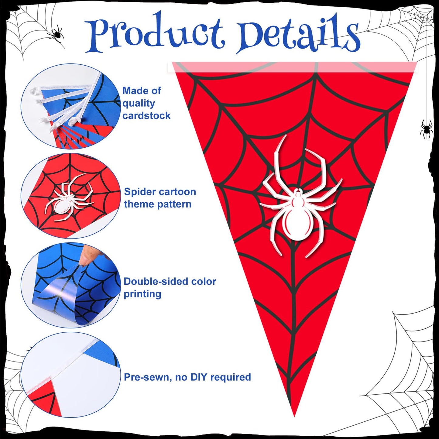 Tiamon 5 Pcs Spider Web Birthday Party Decorations Spider Theme Birthday Triangle 49.2 ft Flag Red Black Blue Pennant Banner Garland Streamer for Baby Shower Cartoon Movie Party Supply