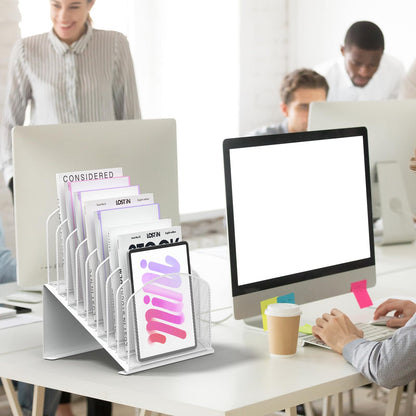 Inclined Desk File Organizer Metal Desk Magazine Folder Holder with 8-Section Vertical Compartments Rack File Organizer for Office, Home, School, White