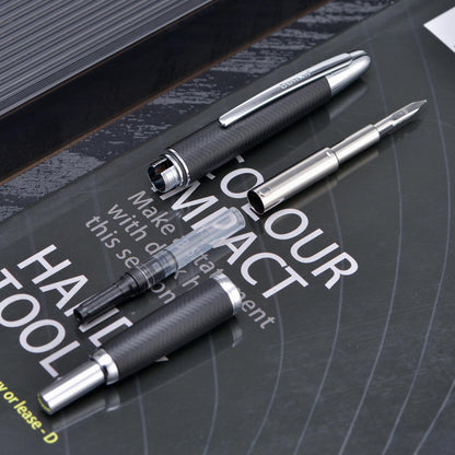 Jinhao 10 Press Fountain Pen with Box, Wavy Matt Black Chromium Retractable Extra Fine Nib with Ink Converter Set (Silver Clip)