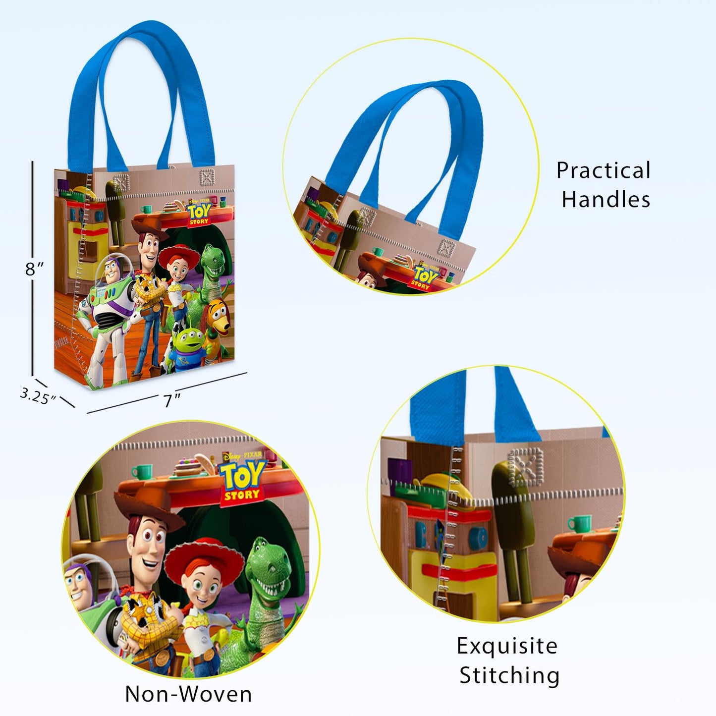 Toy Story Party Favor Bags Set – 24 Pack 8" Disney Goodie Bags for Kids Bulk Reusable Mini Totes | Disney Toy Story Birthday Party Supplies