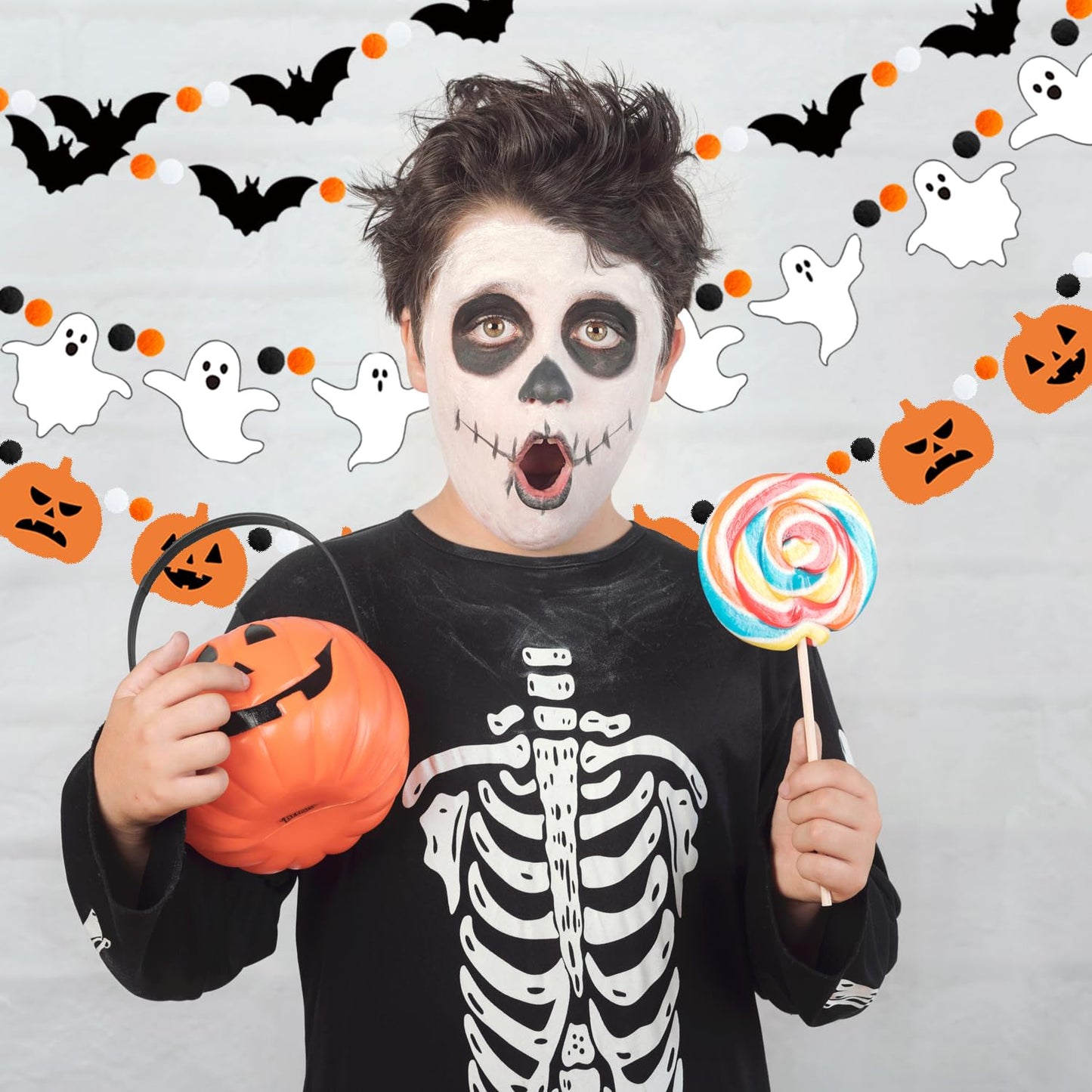 Doumeny 3Pcs Halloween Felt Garland Ghost Bat Felt Bunting Banner Pumpkin Pompom Ball Bunting Flag Black Orange White Ball Garland Halloween Hanging Banner for Party Fireplace Home Wall Decor