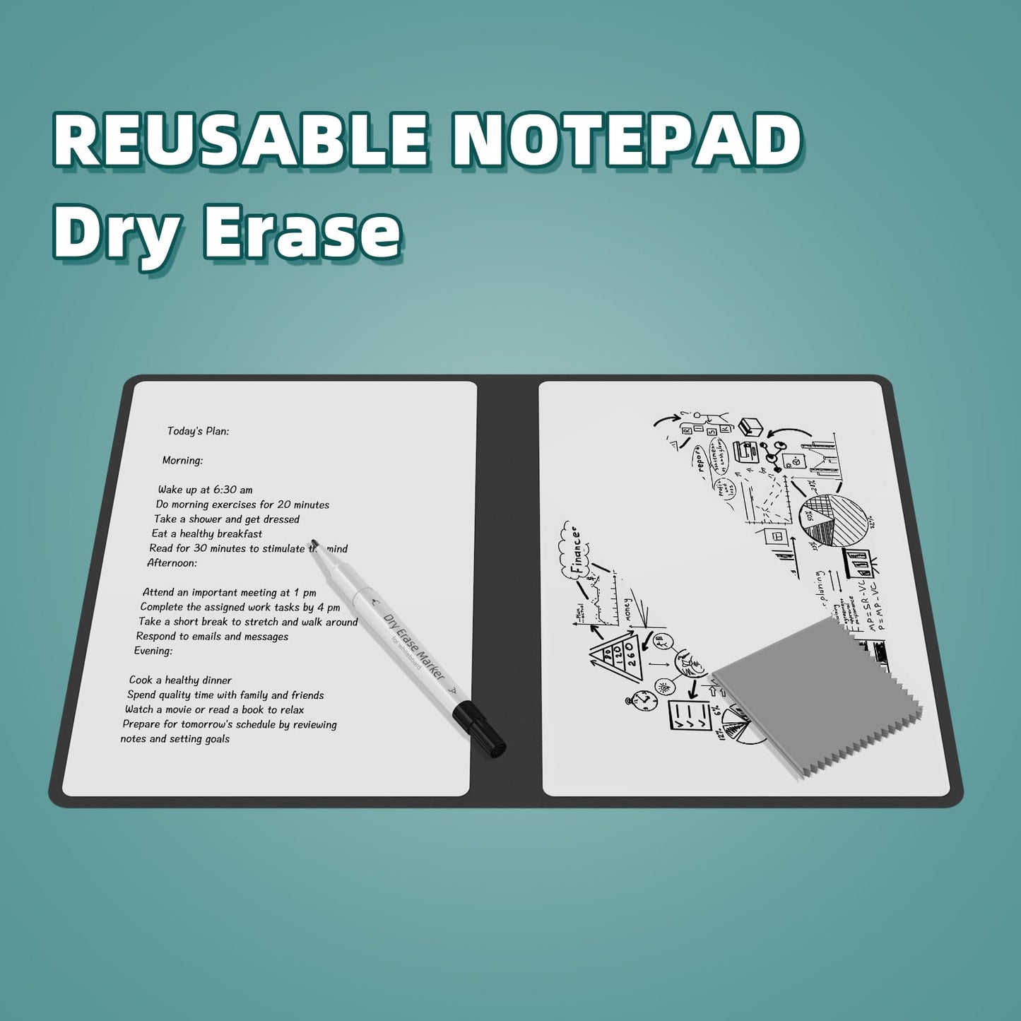 Portable Dry Erase Board,Reusable Whiteboard Notebook, Double-Sided White Board PU Cover 9.5"x6.6" with Marker,Wipe Cloth (Coffee Brown)
