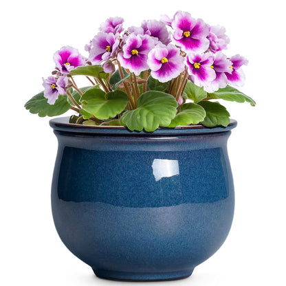 Teagas African Violet Pots, 6 Inch Ceramic Easy Self Watering Pots for Indoor Plant, Round Self Watering Planter with Absorbent Inner Pot, Ceramic Flower Pot, Room Decor, Plant Lover Gift, Retro Blue