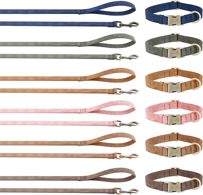 Genuine Leather Dog Collar - Adjustable Pet Collar with Quick Release Metal Buckle, Soft Skin Friendly Real Leather Collar for Small, Medium, Large Dogs (Dark Green Collar + Rope, L：Fit 15-23" Neck)