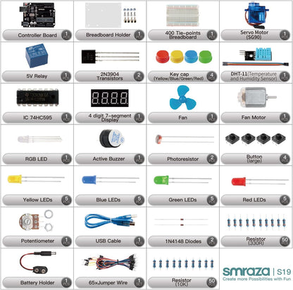 Smraza Ultimate Starter Kit with Tutorial, Breadboard Holder, Jumper Wires, Resistors, DC Motor Compatible with Arduino R3 Project Compatible with Mega 2560 Compatible with Nano