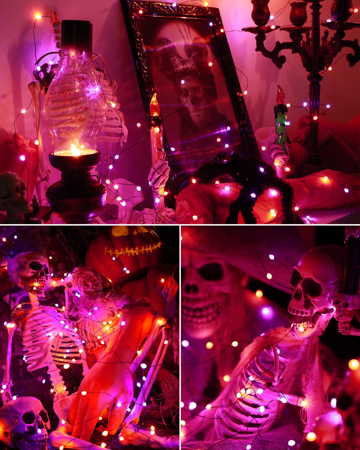 ODEETRONIC Orange Purple Halloween Lights, 2 Pack 16.4ft 50 LED Orange Fairy Lights String, 8 Modes Battery Operated Purple Twinkle Tree Lights with Remote Timer for Party Home Indoor Outside Decor