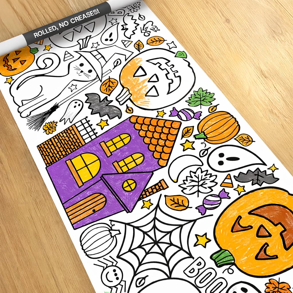Tiny Expressions Halloween Coloring Tablecloth - Rolled, No Creases 30" x 72" Giant Coloring Poster to Color On - Halloween Activities
