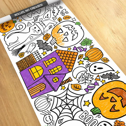 Tiny Expressions Halloween Coloring Tablecloth - Rolled, No Creases 30" x 72" Giant Coloring Poster to Color On - Halloween Activities