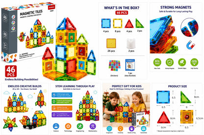 46 PCS Magnetic Tiles Kids stem Building Toy Preschool Learning Blocks Construction Magnet Gift Toddler Aged 3+