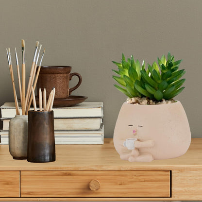 FHDUSRYO Smiley Face Planter Pot, 2Pcs Cute Resin Flower Head Planters for Indoor Outdoor, Unique Sit Succulent Pots with Drainage Hole for Mothers Day, Teacher, Plant Lovers (Drink)