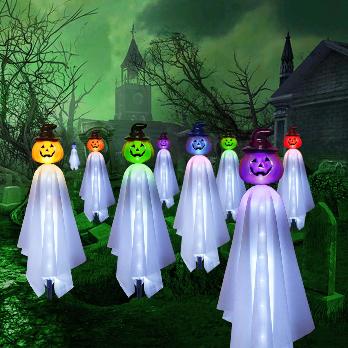 Homeleo Set of 4 Solar Pumpkin Ghost Lights for Halloween Decorations Outdoor, Light up Floating Scary Ghosts Pumpkins Witch Hat Stake Lights for Porch Yard Outside Pathway Halloween Party Decor