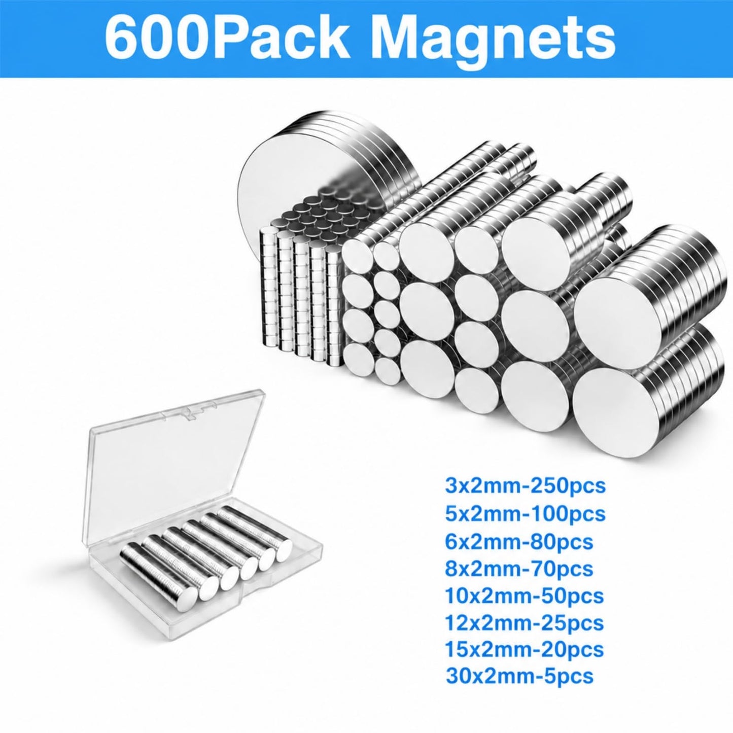 Magnets for Crafts, SIXQUEKJGH 600Pcs 8 Different Sizes Small Mini Round Neodymium Rare Earth Magnets,Tiny Disc Refrigerator Magnets for 3D Printing DIY Whiteboard Home Office Kitchen Cabinet