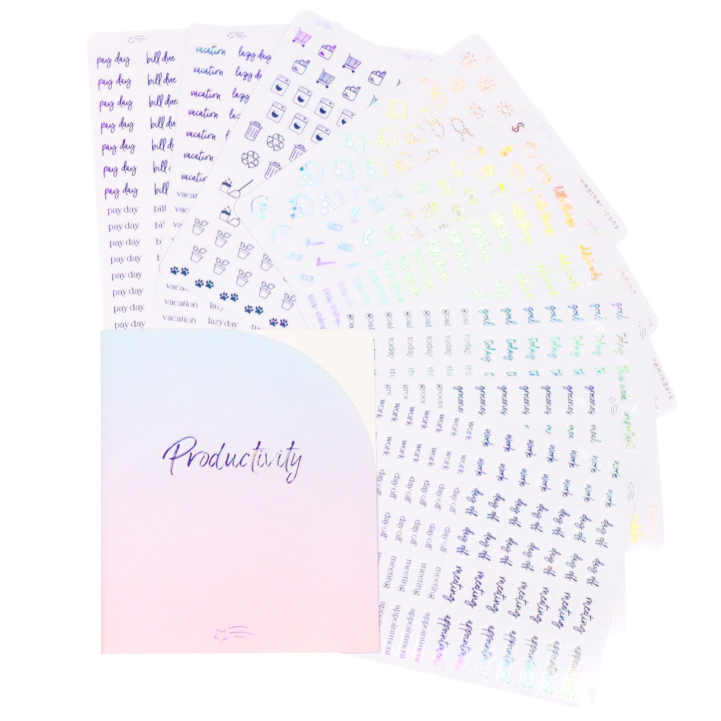In The Slightest - Clear Holographic Foil Planner Stickers, Productivity, Functional, Icons, Words, Over 600 Stickers, Organzie, Aesthetic, Folder Included, Minimal, Rainbow Shift - Holographic