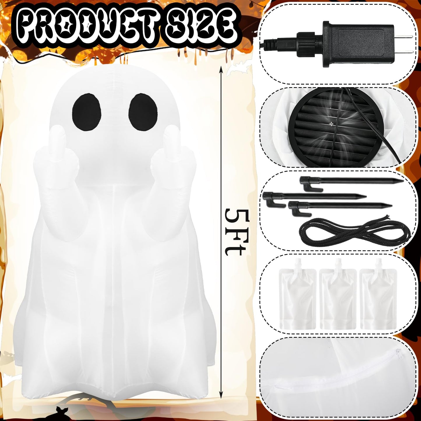 Leyndo 5 FT Halloween Inflatable Ghost Outdoor Decoration Blow Up Ghost Cute Fun Spooky Halloween Inflatable Built in LED Lights for Outdoor Yard Garden Lawn Party Decor(Funny)