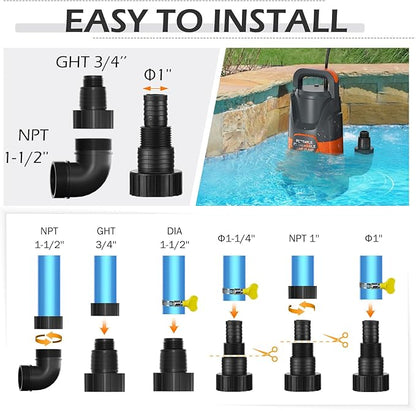 Sump Pump 1HP Clean/Dirty Submersible Water Draining Pump 4500GPH Electric Portable Water Transfer Pumps for Pool Basement Garden Spa Hot Tubs Pond Flood Yard, Orange