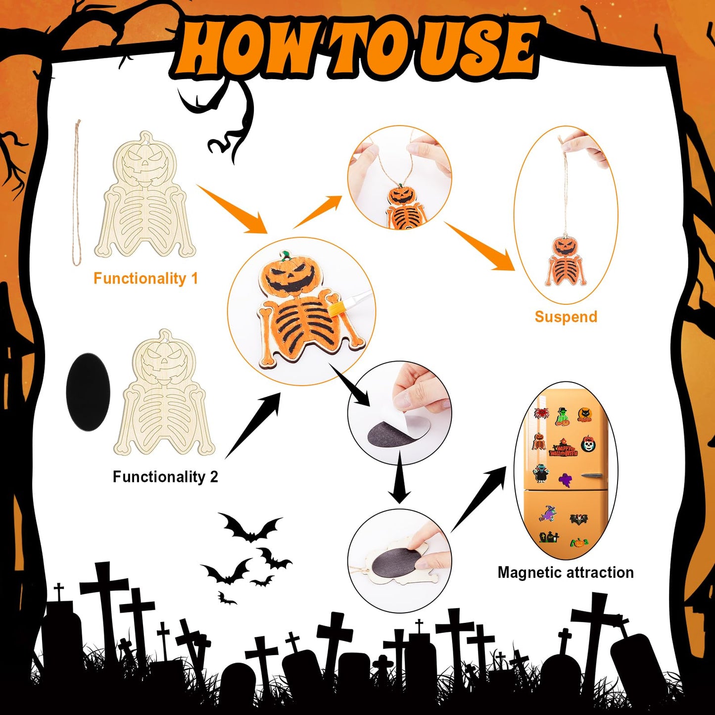 Jenaai 72 Pcs Halloween DIY Wooden Magnets Crafts Kit Refrigerator Decoration Halloween Painting Magnetic Stickers Pumpkins Bats Ghost Hanging Magnets for Garage Door Mailbox Decor
